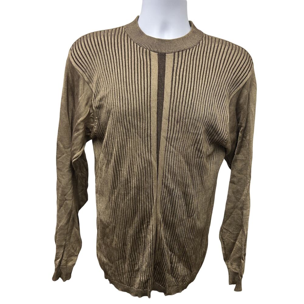 🤎 Bachrach Brown Ribbed Knit Sweater Retro 90s Minimalist Luxe Crewneck Top - Picture 1 of 4